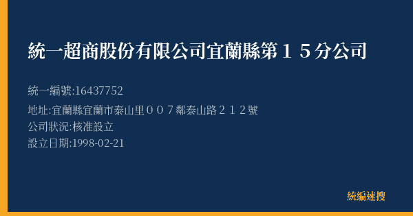統一超商股份有限公司宜蘭縣第15分公司的照片-統編 16437752(宜蘭縣) 公司登記資料與營業項目詳細圖表