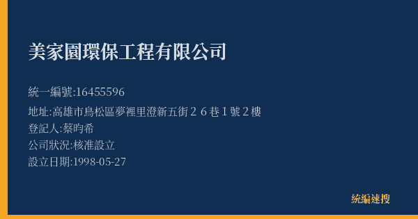 美家園環保工程有限公司的照片-統編 16455596(高雄市) 公司登記資料與營業項目詳細圖表