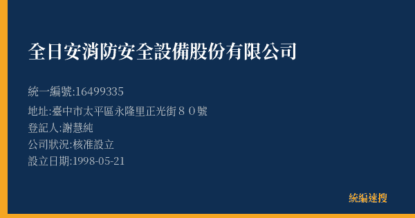 全日安消防安全設備股份有限公司的照片-統編 16499335(臺中市) 公司登記資料與營業項目詳細圖表