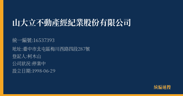 山大立不動產經紀業股份有限公司的照片-統編 16537393(臺中市) 公司登記資料與營業項目詳細圖表
