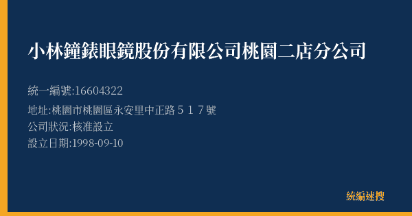 小林鐘錶眼鏡股份有限公司桃園二店分公司的照片-統編 16604322(桃園市) 公司登記資料與營業項目詳細圖表