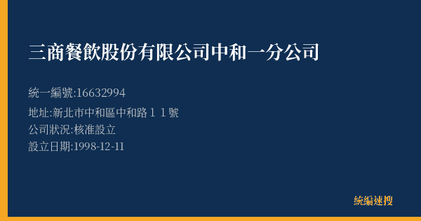 三商餐飲股份有限公司中和一分公司的照片-統編 16632994(新北市) 公司登記資料與營業項目詳細圖表