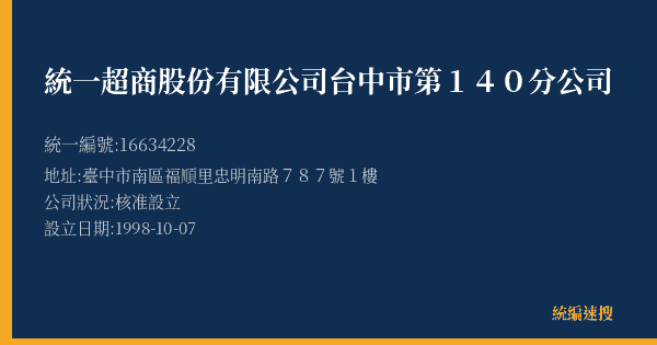 統一超商股份有限公司台中市第140分公司的照片-統編 16634228(臺中市) 公司登記資料與營業項目詳細圖表