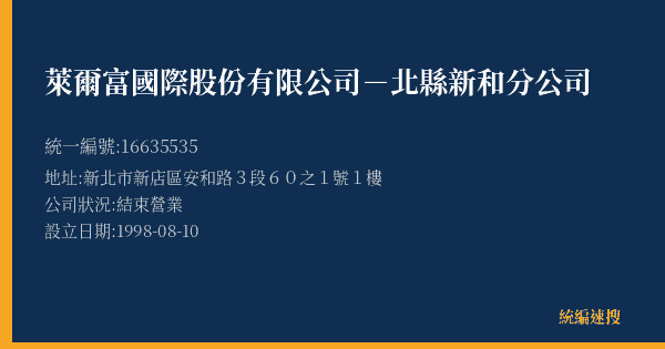 萊爾富國際股份有限公司-北縣新和分公司的照片-統編 16635535(新北市) 公司登記資料與營業項目詳細圖表