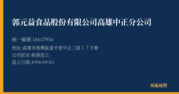 郭元益食品股份有限公司高雄中正分公司的照片-統編 16637956(高雄市) 公司登記資料與營業項目詳細圖表