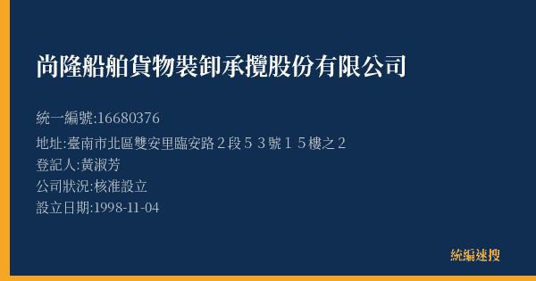 尚隆船舶貨物裝卸承攬股份有限公司的照片-統編 16680376(臺南市) 公司登記資料與營業項目詳細圖表