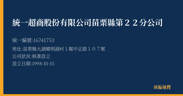 統一超商股份有限公司苗栗縣第22分公司的照片-統編 16741753(苗栗縣) 公司登記資料與營業項目詳細圖表
