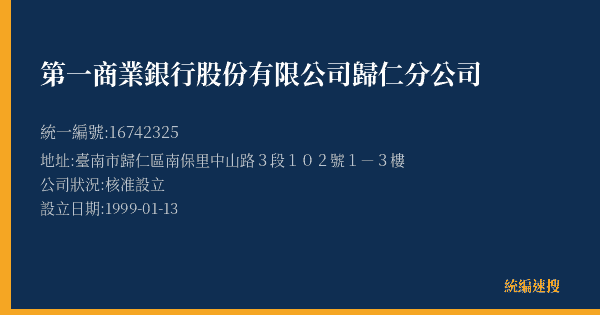 第一商業銀行股份有限公司歸仁分公司的照片-統編 16742325(臺南市) 公司登記資料與營業項目詳細圖表