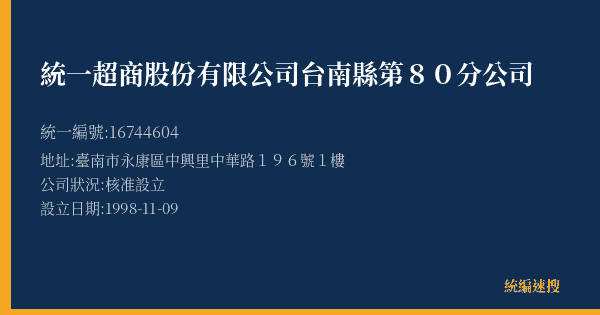 統一超商股份有限公司台南縣第80分公司的照片-統編 16744604(臺南市) 公司登記資料與營業項目詳細圖表