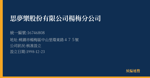 思夢樂股份有限公司楊梅分公司的照片-統編 16746808(桃園市) 公司登記資料與營業項目詳細圖表