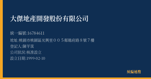 大傑地產開發股份有限公司的照片-統編 16784611(桃園市) 公司登記資料與營業項目詳細圖表