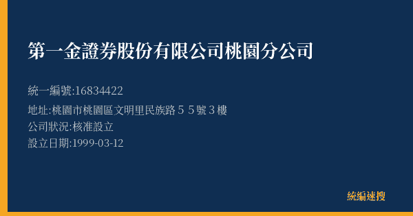 第一金證券股份有限公司桃園分公司的照片-統編 16834422(桃園市) 公司登記資料與營業項目詳細圖表