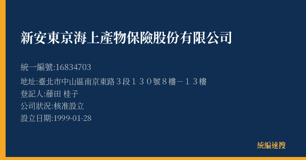 新安東京海上產物保險股份有限公司的照片-統編 16834703(臺北市) 公司登記資料與營業項目詳細圖表