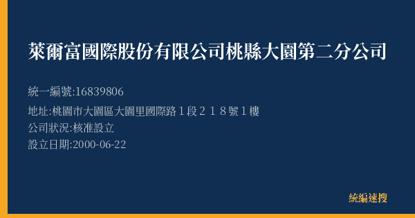 萊爾富國際股份有限公司桃縣大園第二分公司的照片-統編 16839806(桃園市) 公司登記資料與營業項目詳細圖表