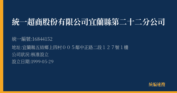 統一超商股份有限公司宜蘭縣第二十二分公司的照片-統編 16844152(宜蘭縣) 公司登記資料與營業項目詳細圖表
