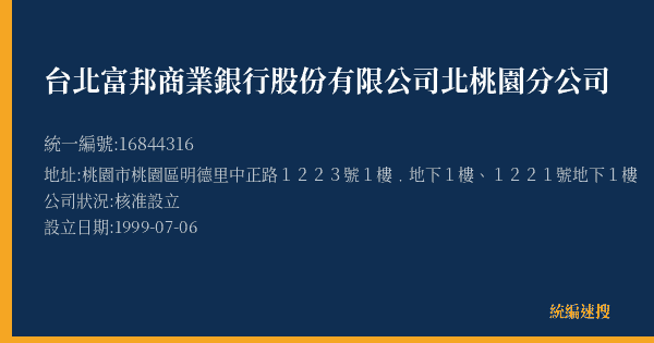 台北富邦商業銀行股份有限公司北桃園分公司的照片-統編 16844316(桃園市) 公司登記資料與營業項目詳細圖表