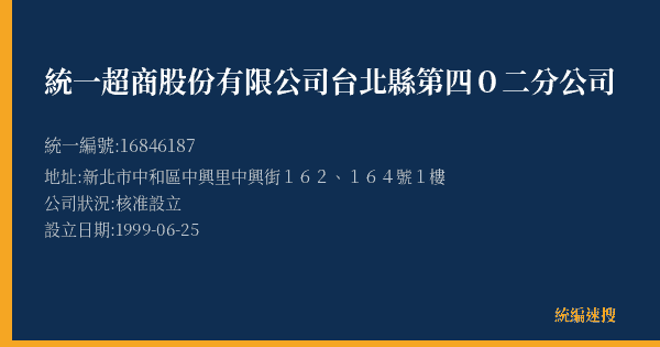 統一超商股份有限公司台北縣第四0二分公司的照片-統編 16846187(新北市) 公司登記資料與營業項目詳細圖表