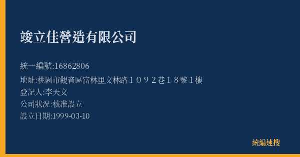 竣立佳營造有限公司的照片-統編 16862806(桃園市) 公司登記資料與營業項目詳細圖表