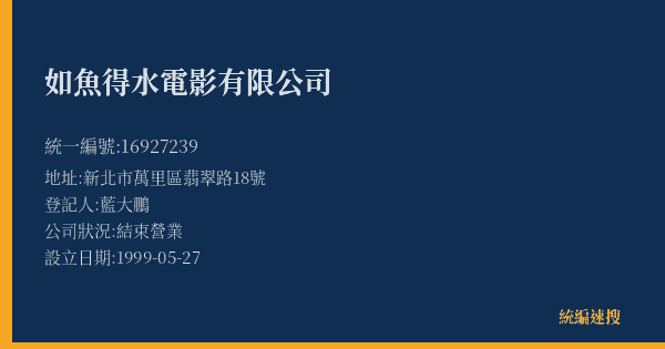 如魚得水電影有限公司的照片-統編 16927239(新北市) 公司登記資料與營業項目詳細圖表