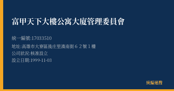 富甲天下大樓公寓大廈管理委員會的照片-統編 17033510(高雄市) 公司登記資料與營業項目詳細圖表