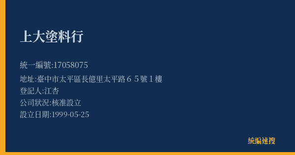 上大塗料行的照片-統編 17058075(臺中市) 公司登記資料與營業項目詳細圖表