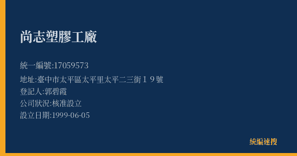 尚志塑膠工廠的照片-統編 17059573(臺中市) 公司登記資料與營業項目詳細圖表