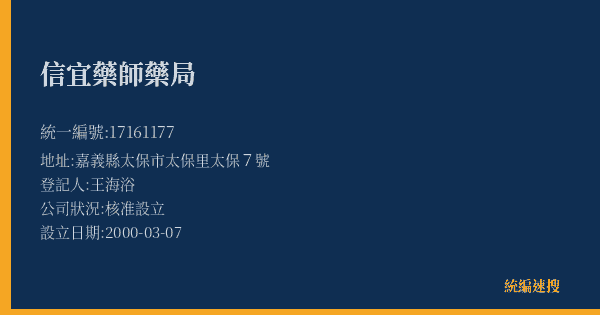 信宜藥師藥局的照片-統編 17161177(嘉義縣) 公司登記資料與營業項目詳細圖表