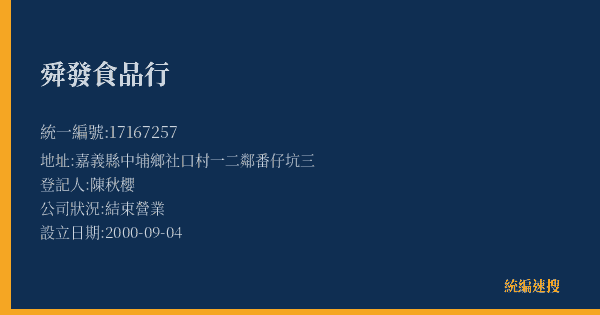 舜發食品行的照片-統編 17167257(嘉義縣) 公司登記資料與營業項目詳細圖表