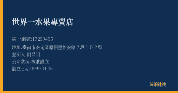 世界一水果專賣店的照片-統編 17209405(臺南市) 公司登記資料與營業項目詳細圖表