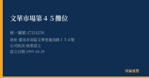 文華市場第45攤位的照片-統編 17214250(臺南市) 公司登記資料與營業項目詳細圖表