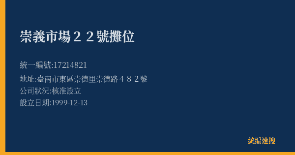 崇義市場22號攤位的照片-統編 17214821(臺南市) 公司登記資料與營業項目詳細圖表