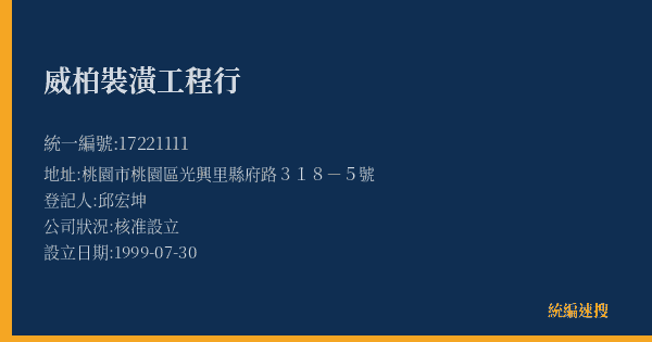 威柏裝潢工程行的照片-統編 17221111(桃園市) 公司登記資料與營業項目詳細圖表