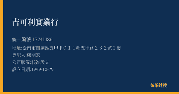 吉可利實業行的照片-統編 17241186(臺南市) 公司登記資料與營業項目詳細圖表