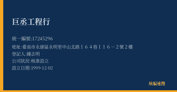 巨丞工程行的照片-統編 17245296(臺南市) 公司登記資料與營業項目詳細圖表