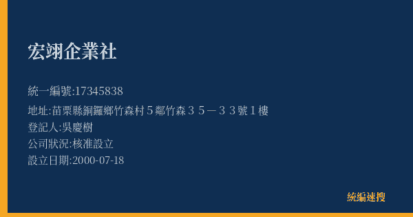 宏翊企業社的照片-統編 17345838(苗栗縣) 公司登記資料與營業項目詳細圖表