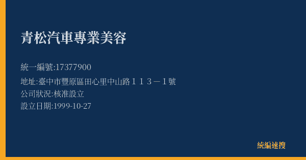 青松汽車專業美容的照片-統編 17377900(臺中市) 公司登記資料與營業項目詳細圖表