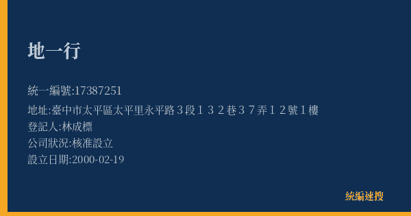 地一行的照片-統編 17387251(臺中市) 公司登記資料與營業項目詳細圖表
