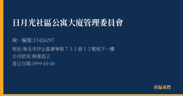 日月光社區公寓大廈管理委員會的照片-統編 17426297(新北市) 公司登記資料與營業項目詳細圖表