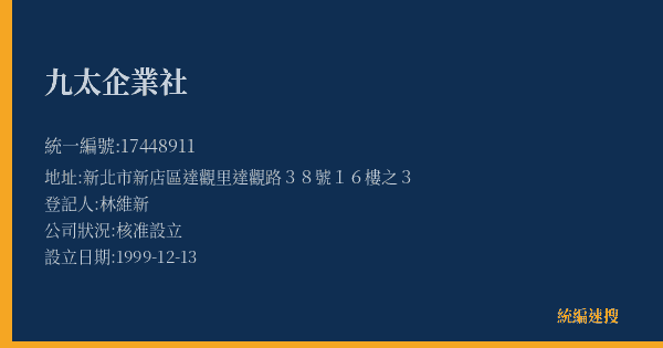 九太企業社的照片-統編 17448911(新北市) 公司登記資料與營業項目詳細圖表