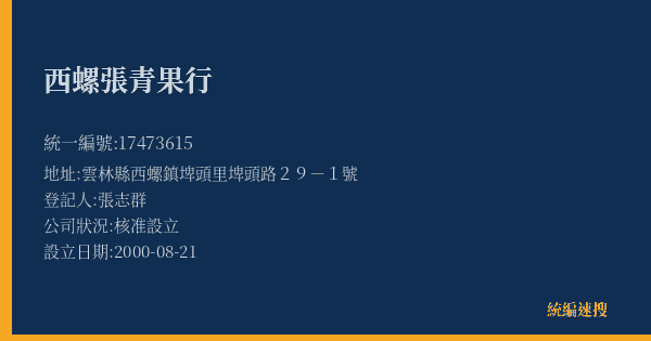 西螺張青果行的照片-統編 17473615(雲林縣) 公司登記資料與營業項目詳細圖表