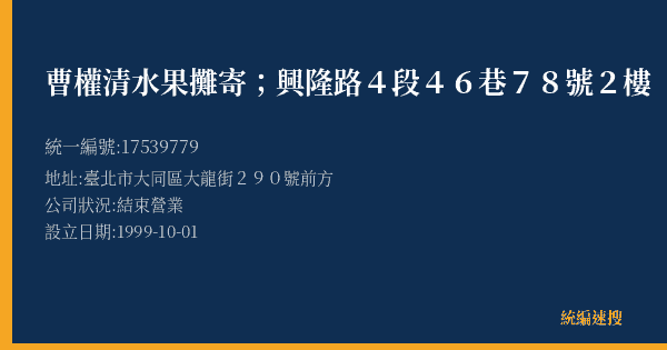 曹權清水果攤寄;興隆路4段46巷78號2樓的照片-統編 17539779(臺北市) 公司登記資料與營業項目詳細圖表