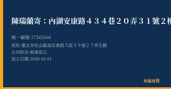 陳瑞蘭寄:內湖安康路434巷20弄31號2樓的照片-統編 17542660(臺北市) 公司登記資料與營業項目詳細圖表