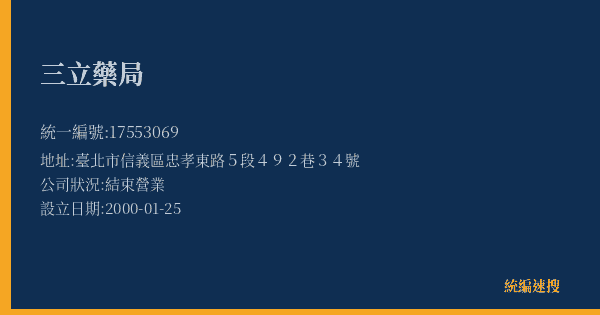 三立藥局的照片-統編 17553069(臺北市) 公司登記資料與營業項目詳細圖表
