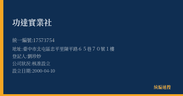 功達實業社的照片-統編 17573754(臺中市) 公司登記資料與營業項目詳細圖表