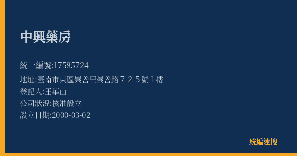 中興藥房的照片-統編 17585724(臺南市) 公司登記資料與營業項目詳細圖表