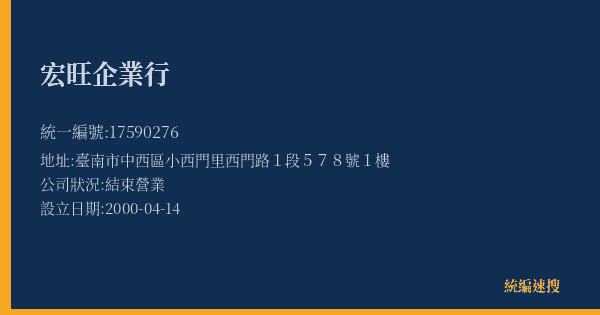 宏旺企業行的照片-統編 17590276(臺南市) 公司登記資料與營業項目詳細圖表