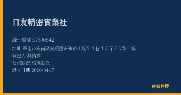 日友精密實業社的照片-統編 17590542(臺南市) 公司登記資料與營業項目詳細圖表