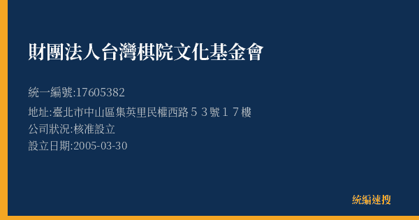 財團法人台灣棋院文化基金會的照片-統編 17605382(臺北市) 公司登記資料與營業項目詳細圖表