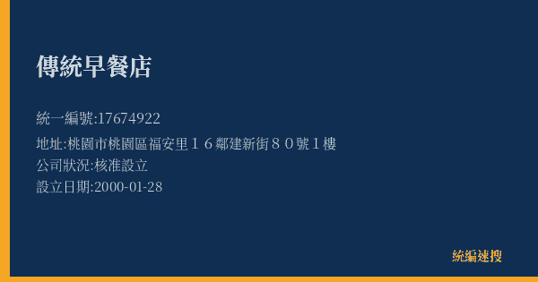 傳統早餐店的照片-統編 17674922(桃園市) 公司登記資料與營業項目詳細圖表