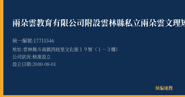 兩朵雲教育有限公司附設雲林縣私立兩朵雲文理短期補習班的照片-統編 17711546(雲林縣) 公司登記資料與營業項目詳細圖表